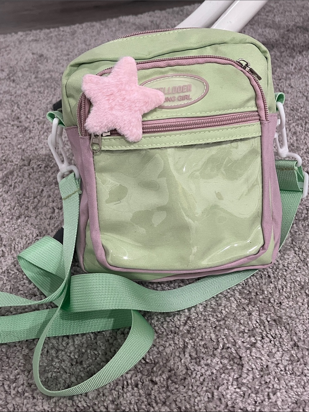 Kawaii Ita Crossbody Green and Pink Bag with Clear Pocket
